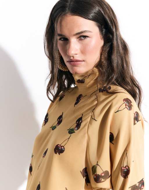 ASOS DESIGN chiffon mini dress with batwing sleeve in cherry print, 2 of 7