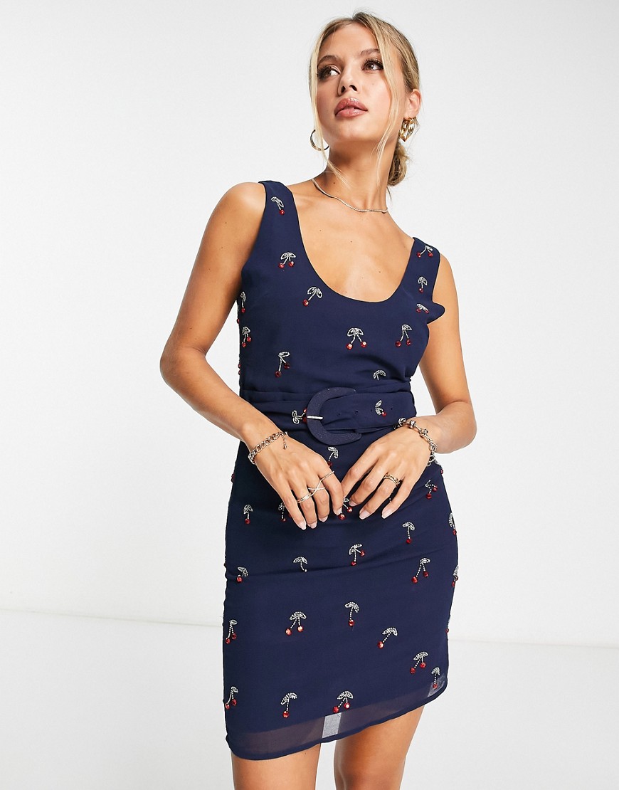 ASOS DESIGN chiffon mini dress with cherry pop embellishment-Navy
