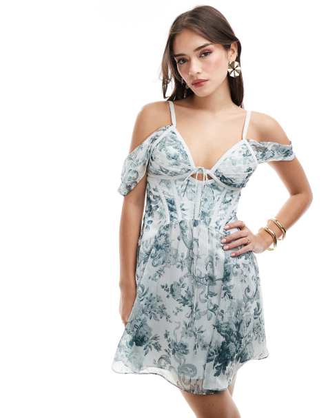ASOS DESIGN chiffon mini dress with satin corset detail in blue floral - view 1