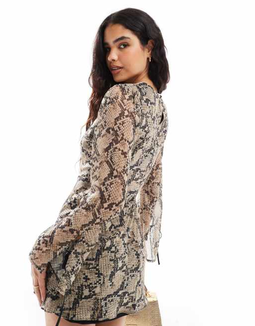 ASOS DESIGN chiffon mini dress with tie sleeve in snake print ASOS