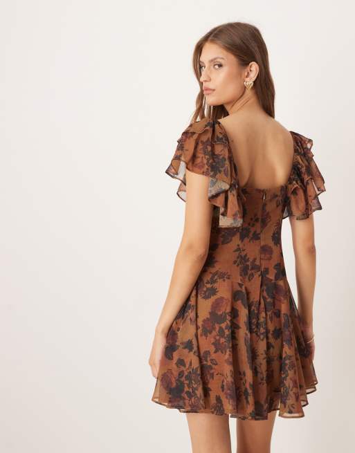 ASOS DESIGN chiffon mini tea dress with ruffle hem in floral print