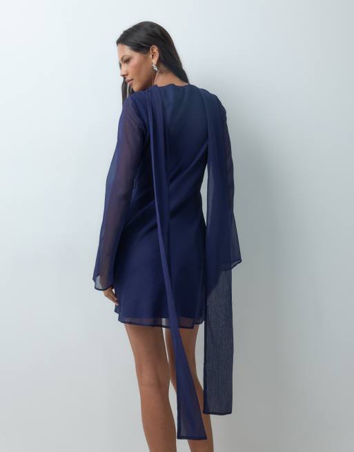 ASOS DESIGN chiffon minikjole i skrå snit med matchende tørklæde i navy, 4 af 4