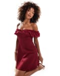 [ASOS DESIGN] ASOS DESIGN chiffon mix bardot mini dress in wine-Red 16 Wine