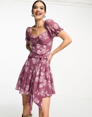 ASOS DESIGN chiffon off shoulder midi dress with waist ties in rose print | ASOS