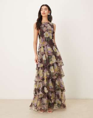 Asos Design Chiffon Organza Dropped Waist Ruffle Maxi Dress In Brown