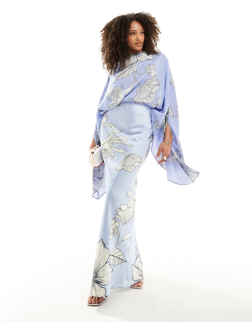 Asos Design Chiffon Overlay Satin Bias Cut Maxi Dress In Blue Floral Print