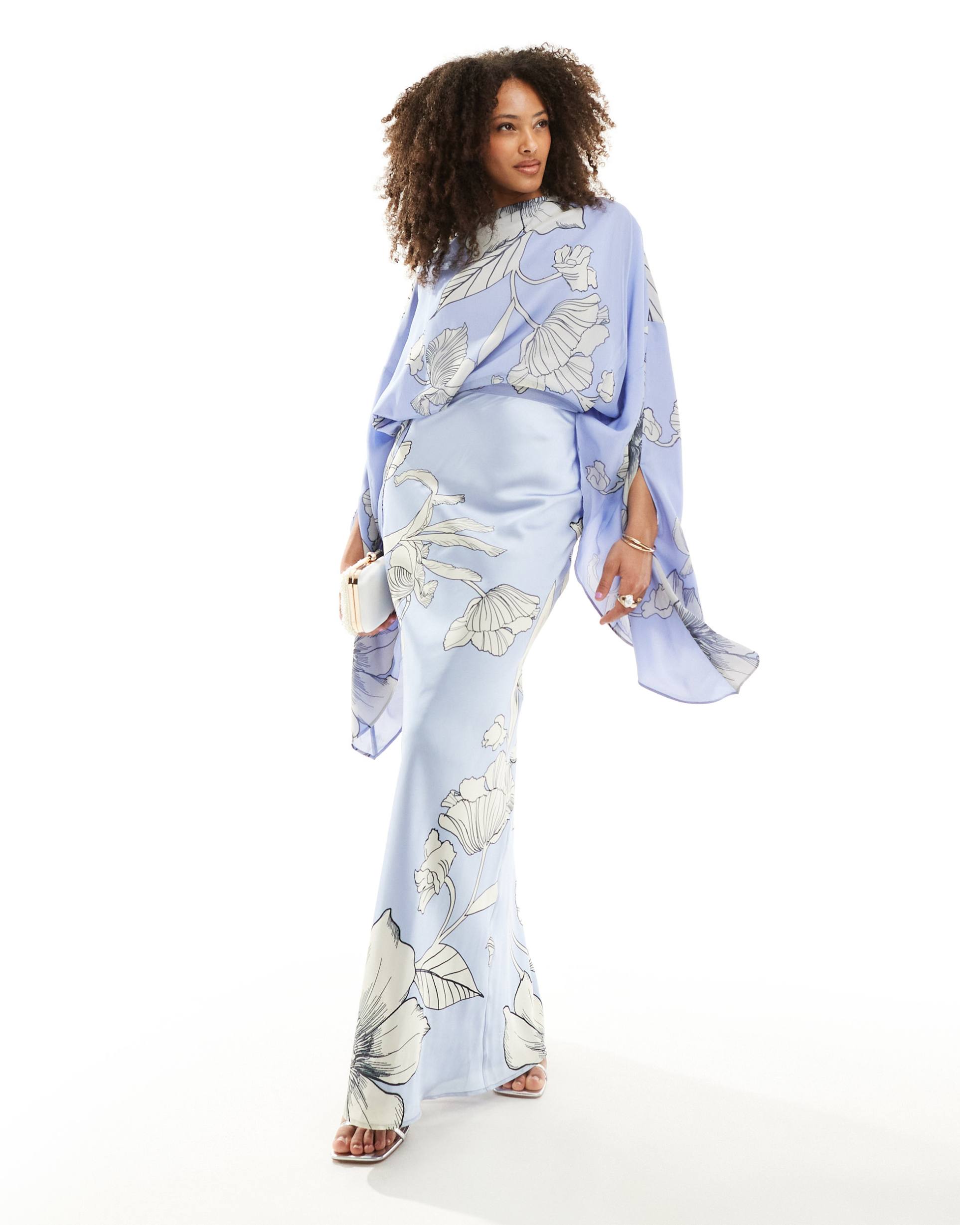 asos design chiffon overlay satin bias cut maxi dress in blue floral print