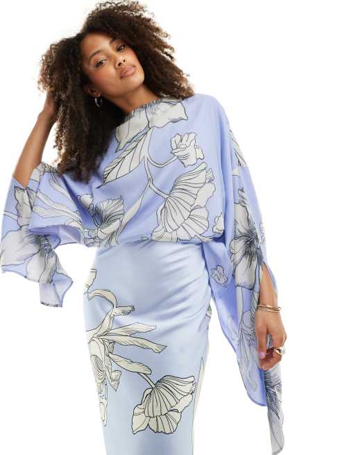 ASOS DESIGN chiffon overlay satin bias cut maxi dress in blue floral print  | ASOS
