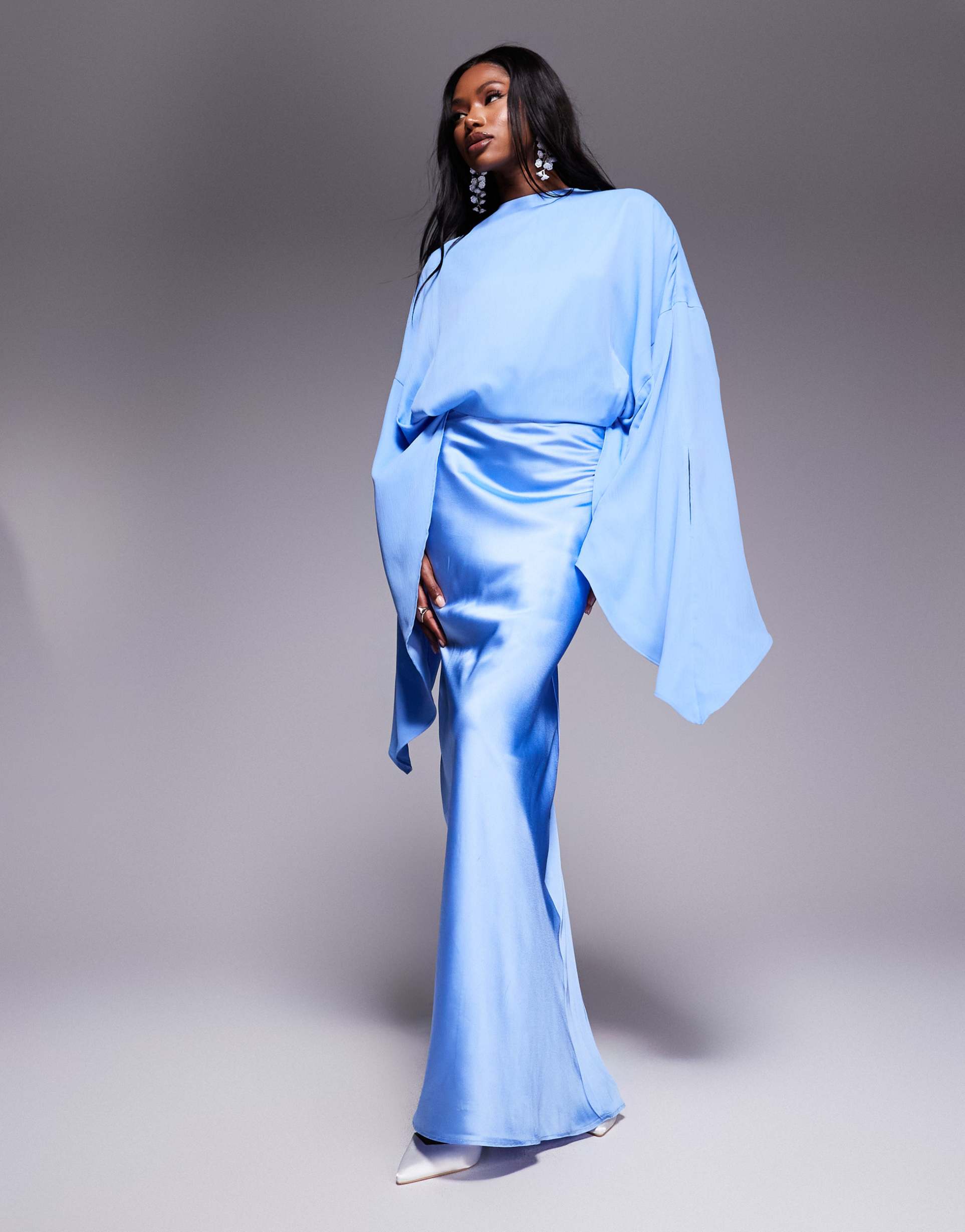 asos design chiffon overlay satin bias maxi dress in cornflower blue