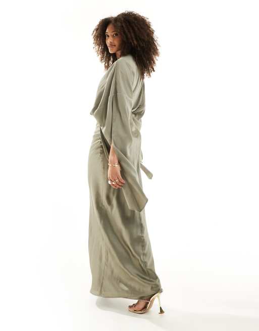 ASOS DESIGN chiffon overlay satin bias maxi dress in green, 2 of 4