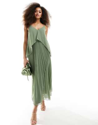 ASOS DESIGN chiffon overlay strappy pleat midi dress in sage green