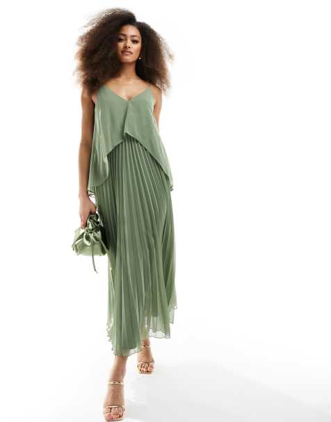 ASOS DESIGN chiffon overlay strappy pleat midi dress in sage green - view 1