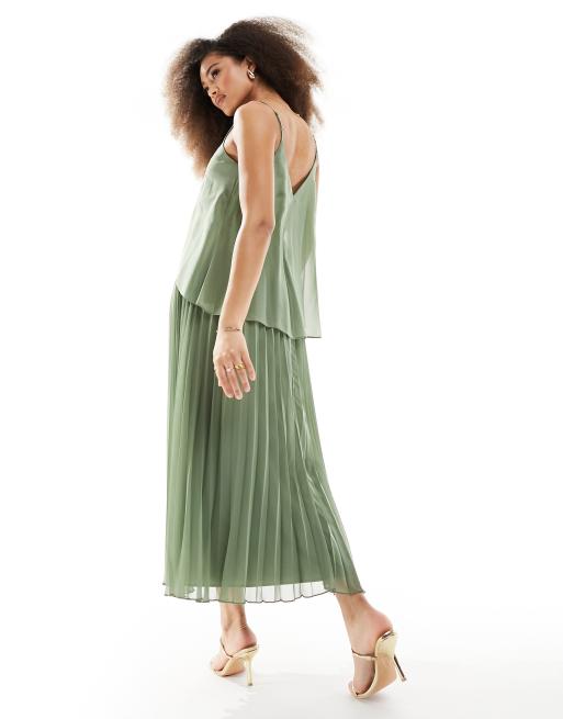 ASOS DESIGN chiffon overlay strappy pleat midi dress in sage