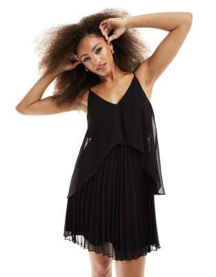 Asos Design Chiffon Overlay Strappy Pleat Mini Dress In Black