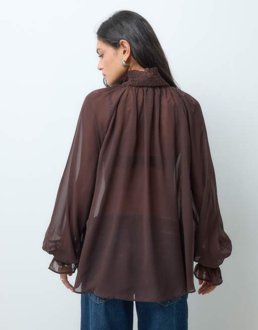 ASOS DESIGN chiffon oversized raglan-bluse i chokolade, 5 af 5