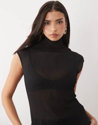Asos Design Chiffon Plisse Funnel Neck Blouse In Black