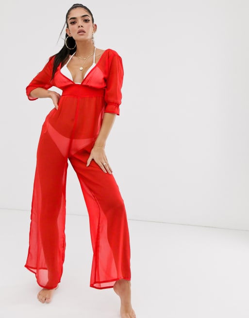 Asos Design Chiffon Plunge Beach Jumpsuit In Red Asos