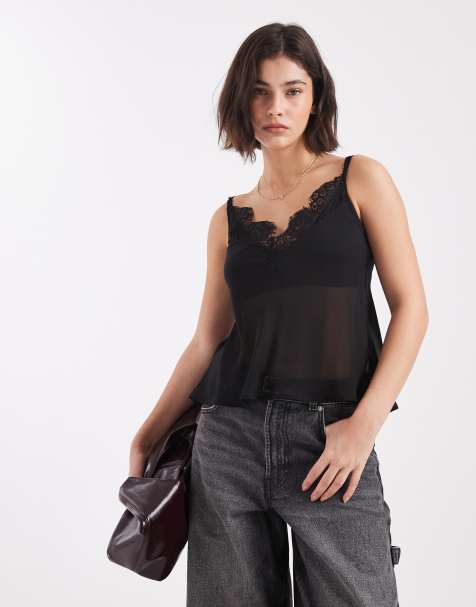 ASOS DESIGN chiffon plunge lace trim cami top in black - view 1