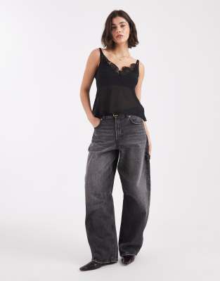 Asos Design Chiffon Plunge Lace Trim Cami Top In Black