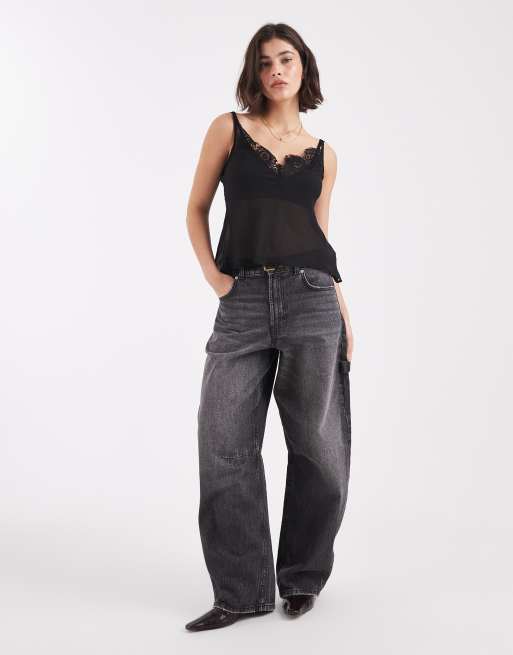 ASOS DESIGN chiffon plunge lace trim cami top in black, 2 of 4