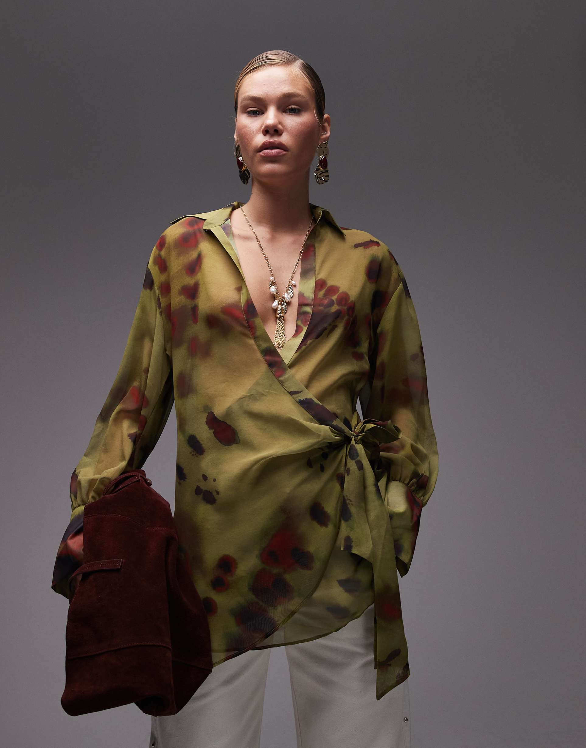asos design chiffon plunge wrap front-shirt in tie dye print