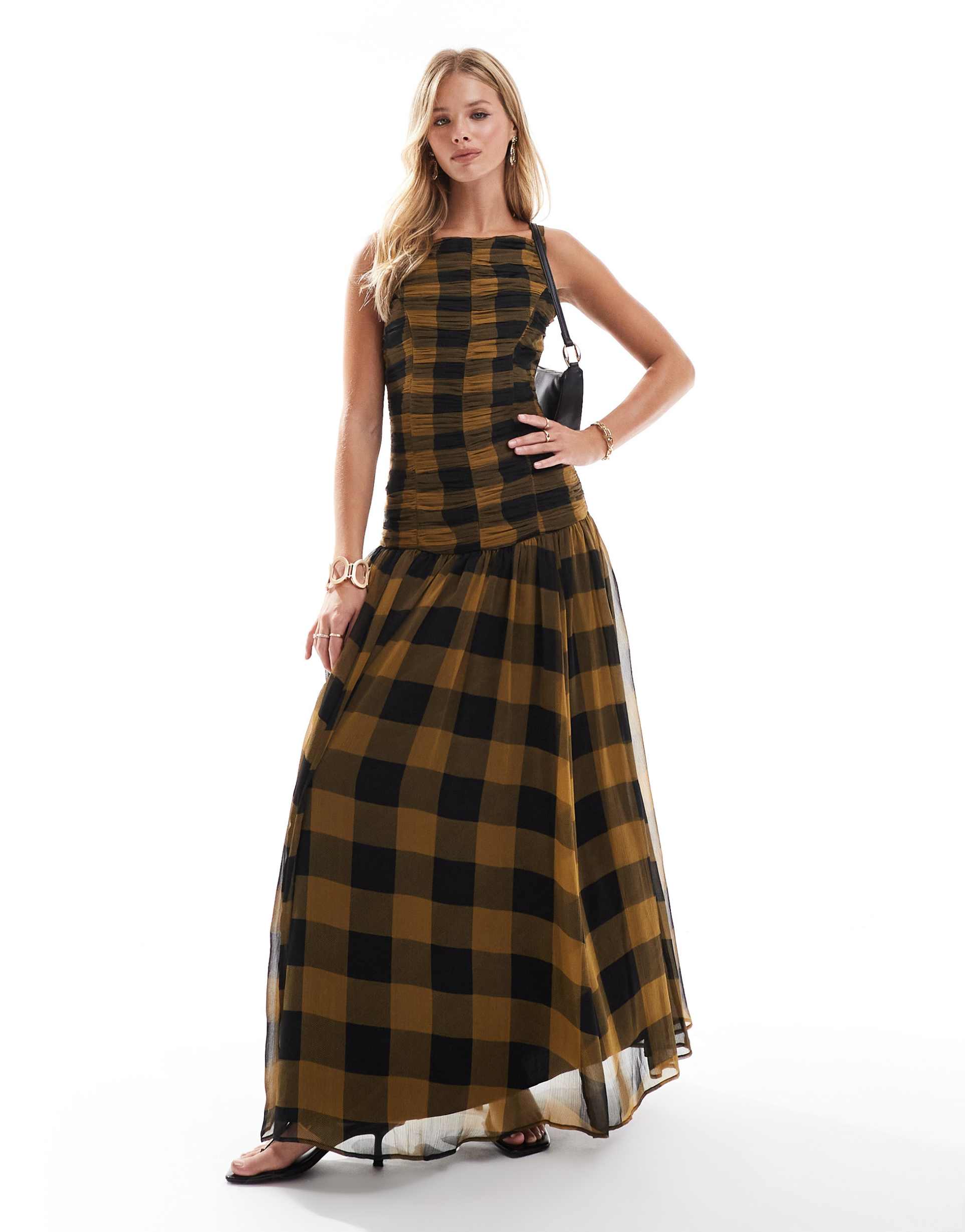 asos design chiffon ruched bodice princess seam maxi dress in brown and black plaid