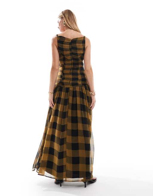 ASOS DESIGN chiffon ruched bodice princess seam maxi dress in brown and  black plaid | ASOS