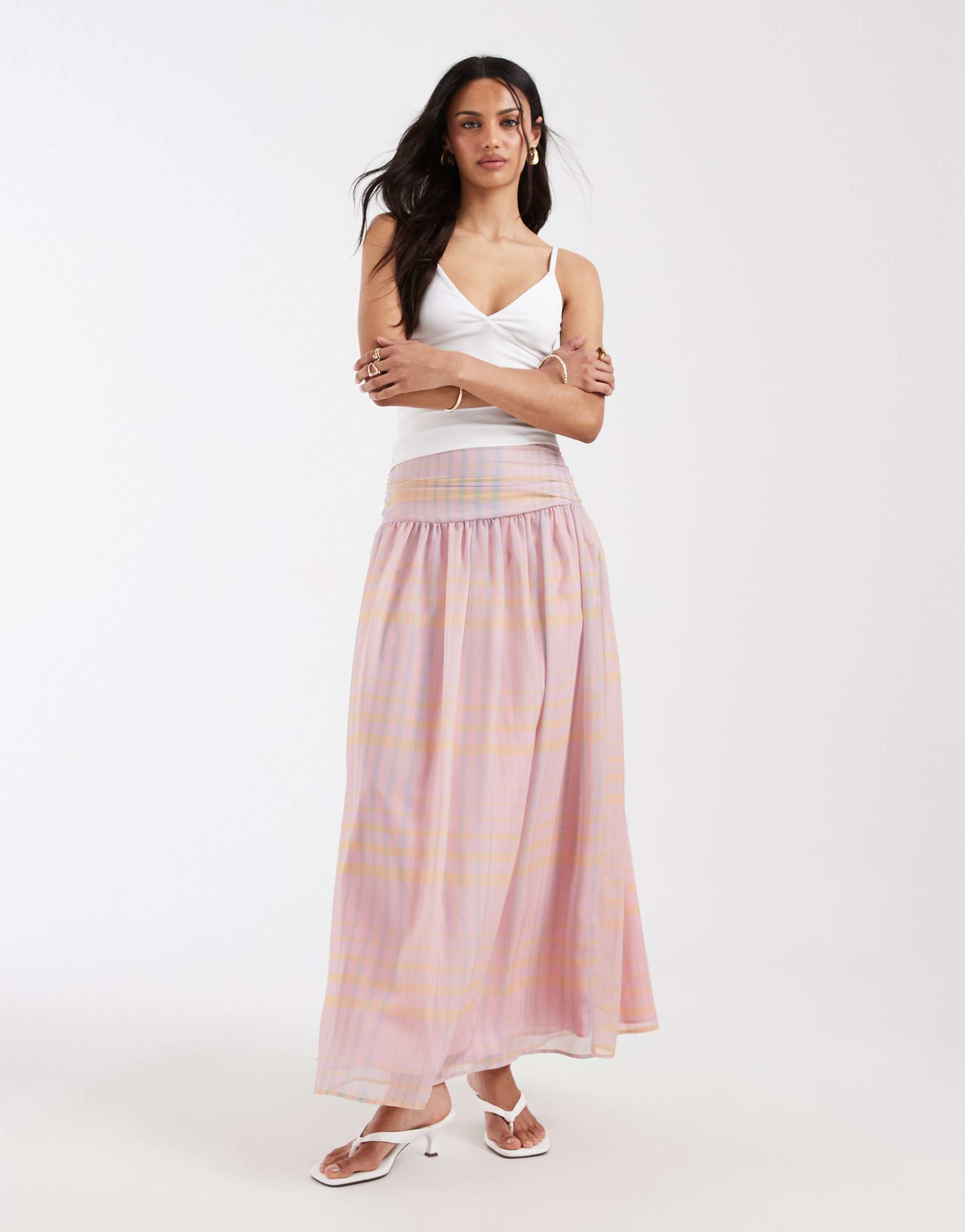 asos design chiffon ruched waist maxi skirt in plaid