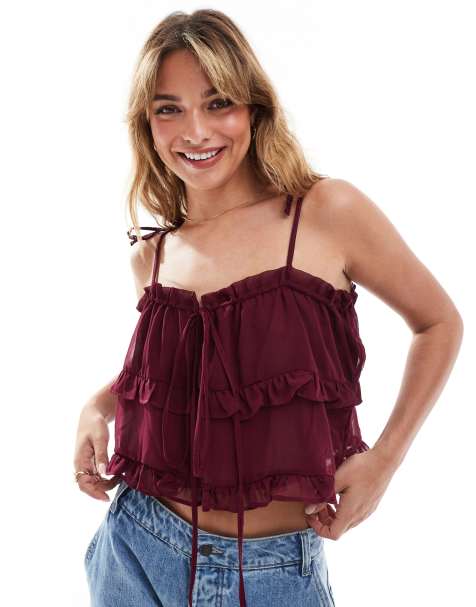 ASOS DESIGN chiffon ruffle cami top in oxblood - view 1