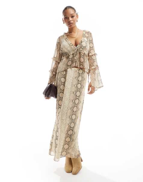 ASOS DESIGN chiffon ruffle detail blouse and maxi skirt in snake print co ord - view 1