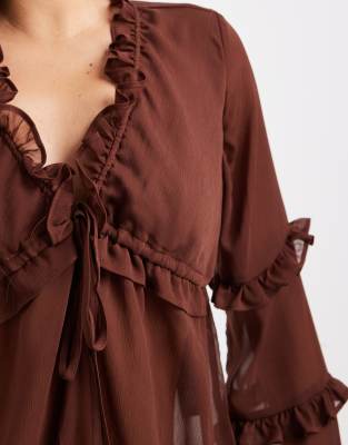 Asos Design Chiffon Ruffle Detail Blouse In Brown