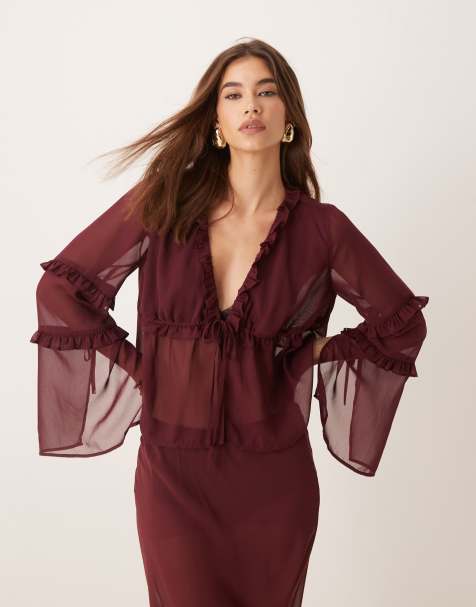ASOS DESIGN chiffon ruffle detail blouse in burgundy - view 1
