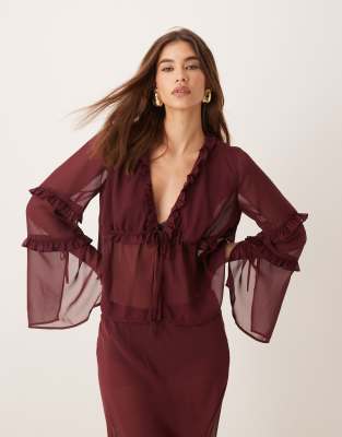 asos design chiffon ruffle detail blouse in burgundy