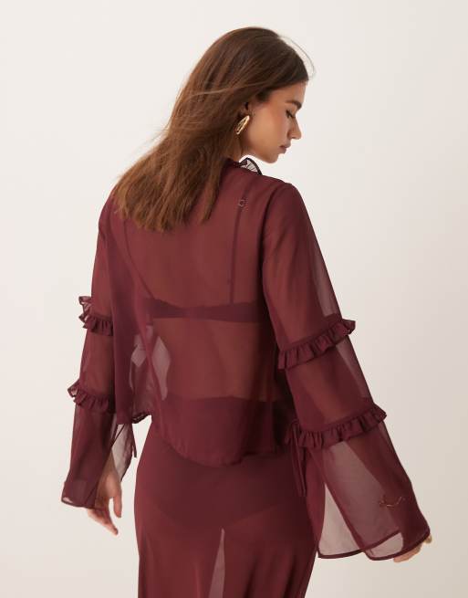 ASOS DESIGN chiffon ruffle detail blouse in burgundy | ASOS