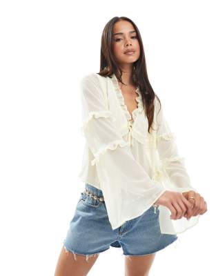 asos design chiffon ruffle detail blouse in ecru