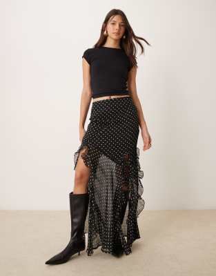 chiffon ruffle detail maxi skirt in mono dot-Multi