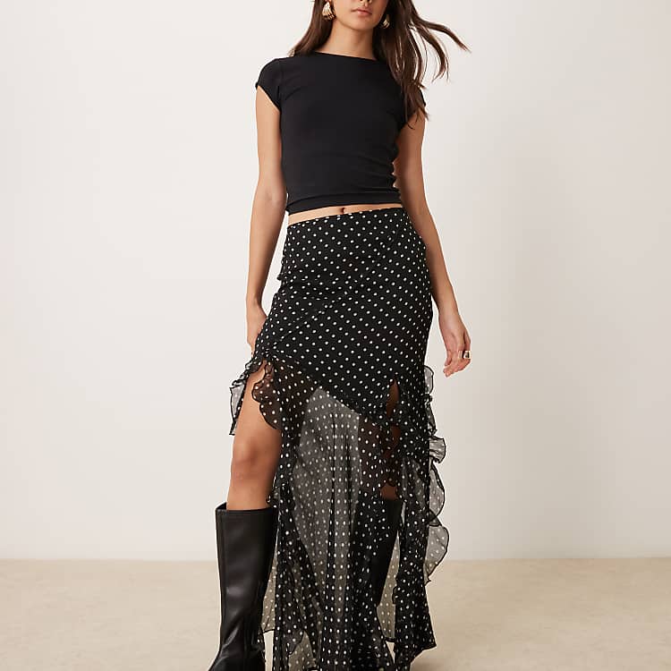 ASOS DESIGN chiffon ruffle detail maxi skirt in mono dot | ASOS ASOS DESIGN chiffon ruffle detail maxi skirt in mono dot | ASOS