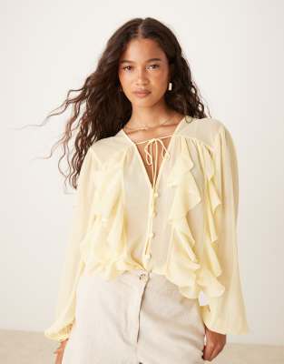 Asos Design Chiffon Ruffle Longline Blouse In Yellow