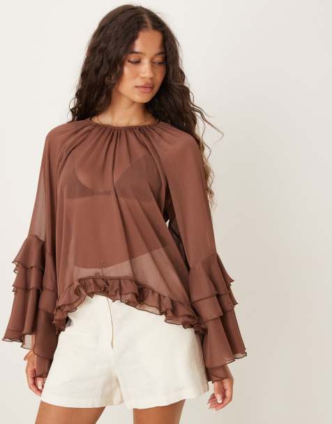 ASOS DESIGN chiffon ruffle longline blouse in chocolate - view 1
