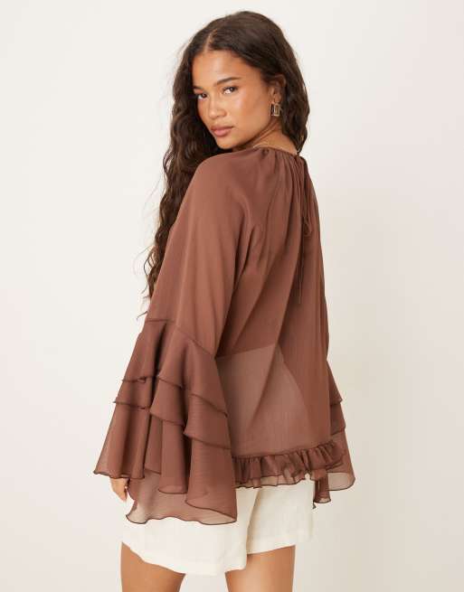 ASOS DESIGN chiffon ruffle longline blouse in chocolate, 3 of 4