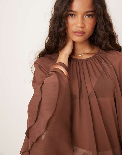 ASOS DESIGN chiffon ruffle longline blouse in chocolate | ASOS