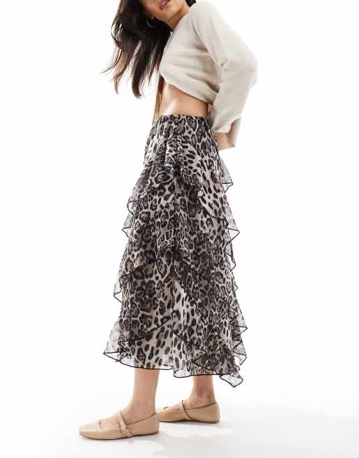 ASOS DESIGN chiffon ruffle midi skirt in animal print