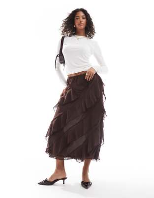 ASOS DESIGN chiffon ruffle midi skirt in chocolate-Brown