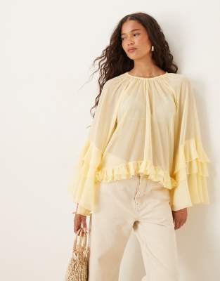 Asos Design Chiffon Ruffle Sleeve Blouse In Yellow
