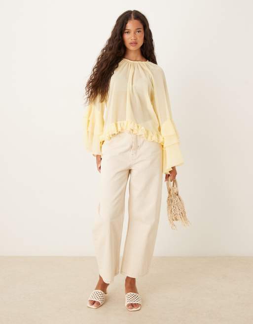ASOS DESIGN chiffon ruffle sleeve blouse in buttermilk