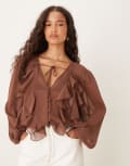 [ASOS DESIGN] ASOS DESIGN chiffon ruffle sleeve blouse in chocolate-Brown 16 Chocolate