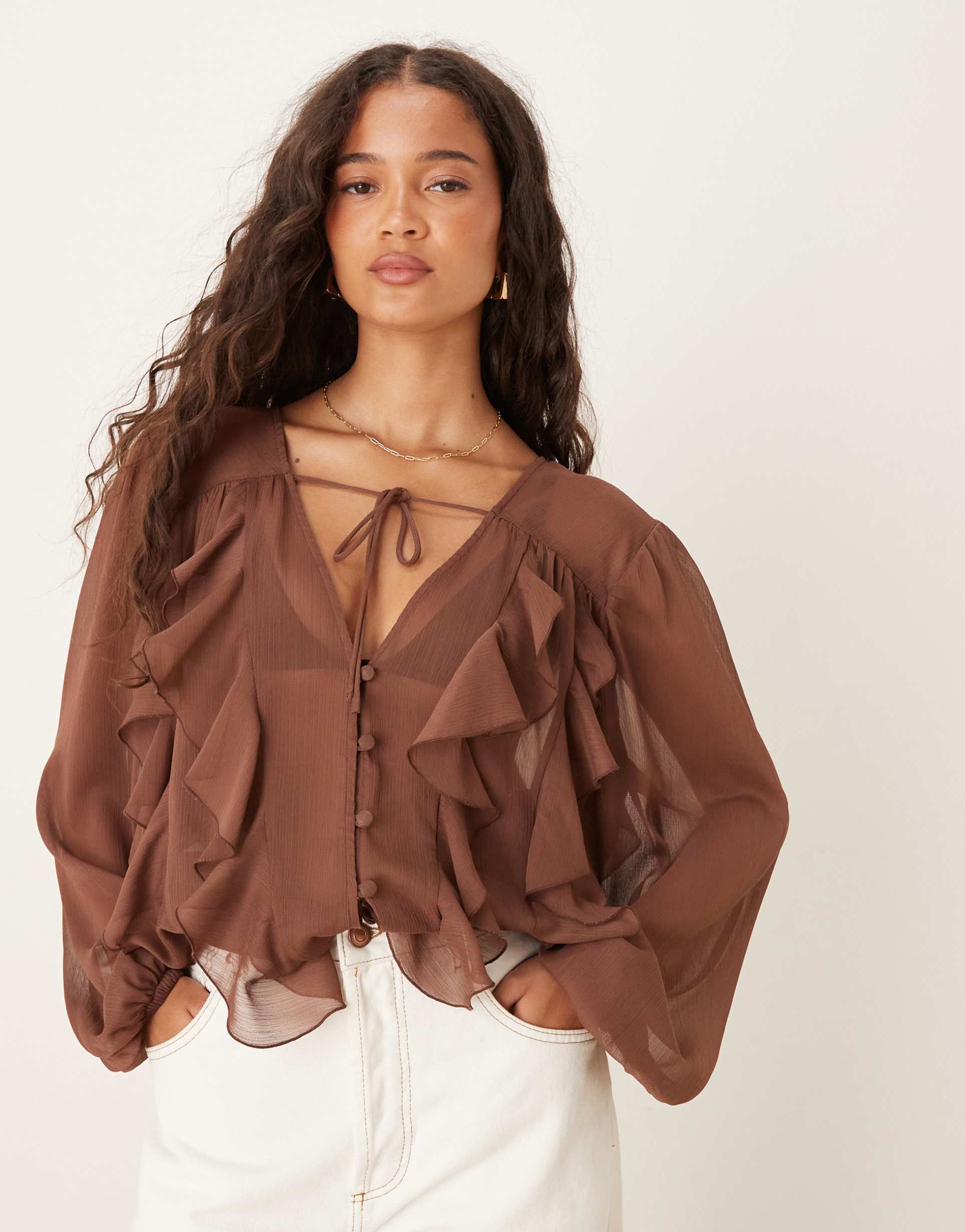 asos design chiffon ruffle sleeve blouse in chocolate