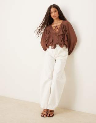 Asos Design Chiffon Ruffle Sleeve Blouse In Brown