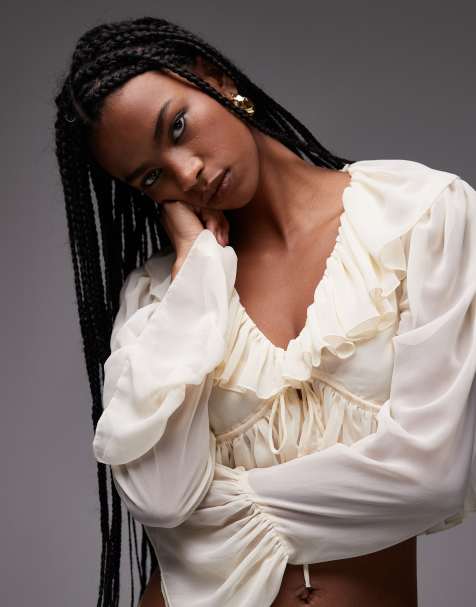 ASOS DESIGN chiffon ruffle tie front blouse in ecru - view 1