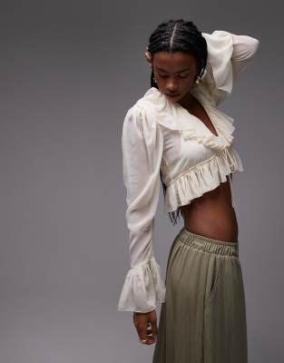 Asos Design Chiffon Ruffle Tie Front Blouse In White